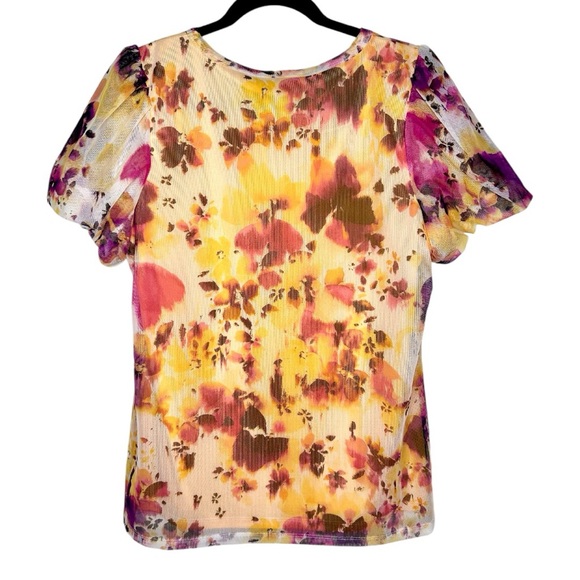 DKNY Floral Watercolor Print Sheer Lined Puff Sleeve Blouse Size Women’s Large - Picture 2 of 6